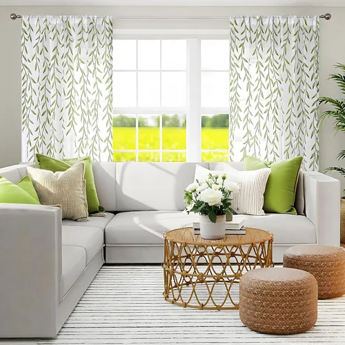 Vista 2 de BROSHAN - Cortinas transparentes con estampado verde, color blanco, 2