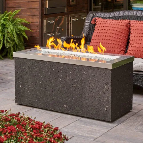 Vista 4 de Outdoor GreatRoom Co - Mesa para fogata de gas Key Largo para patio exterior, mesa rectangular de acero inoxidable de 48 pulgadas, base de estuco