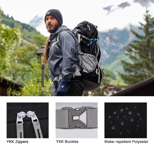 Vista 3 de MOUNTAINTOP 70L - Mochila con marco interno para camping, senderismo, mochila para hombres y mujeres con cubierta de lluvia Negro-70L