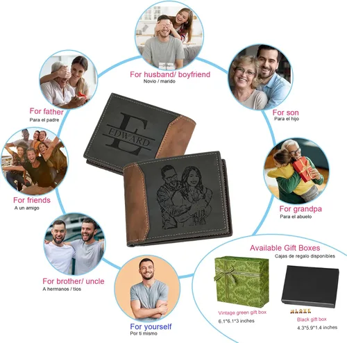 Vista 7 de TRISJEM Cartera minimalista para hombre, cartera personalizada, foto personalizada y nombre inicial, carteras para hombre, regalos para el día