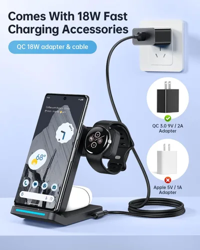 Vista 5 de Cargador Inalámbrico Plegable para Google Pixel Watch 3/2, Estación de Carga Rápida 3 en 1 con Soporte para Pixel 10 Pro XL/10 Pro/9/8/7