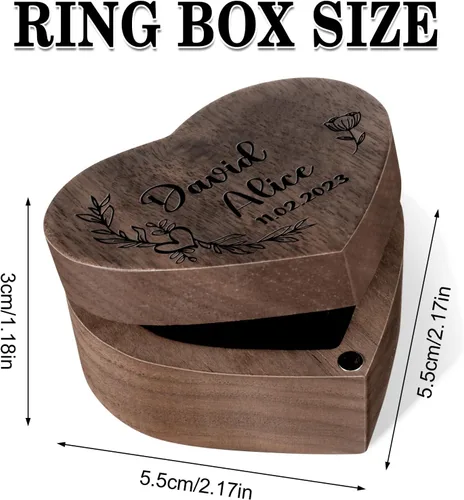 Vista 3 de Zhamate Caja de anillos de corazón personalizada, estuche de madera personalizado para anillos con texto y patrón, cajas de propuesta