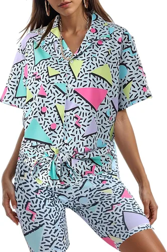 Vista 2 de Traje de los años 80 y 90 para mujer, disfraz de hip hop, blusa con botones, manga corta hawaiana, 6