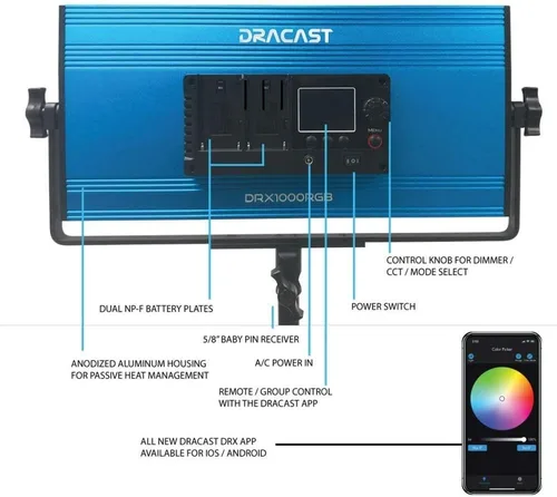 Vista 5 de Dracast Serie X LED1000 RGB + kit de 3 luces LED bicolor con estuche de viaje moldeado por inyección Control de aplicación Regulable 0-100%