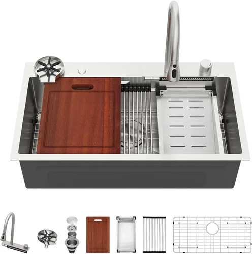 Vista 42 de Sarlai - Fregadero de cocina de cascada de 31 pulgadas, de montaje superior - 31x20 Fregadero de cocina con borde y estación de trabajo, de acero