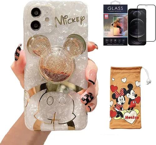 Vista 7 de Funda de dibujos animados para iPhone XR 6.1'' con protector de pantalla HD, Mickey Mouse con soporte para teléfono celular de arena movediza