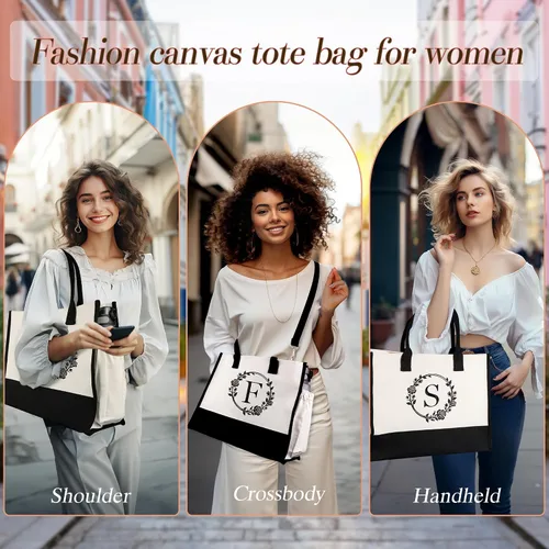 Vista 3 de Bolsa de lona con inicial para la playa con bolsa de maquillaje, regalos personalizados para mujeres, madres, amigas, profesores, damas de honor