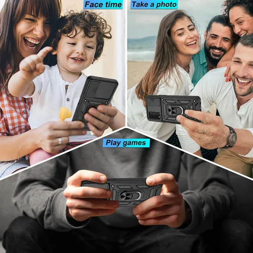 Vista 7 de ATUMP Funda para T-Mobile Revvl V Plus 5G con protector de pantalla HD con cubierta de cámara deslizante, soporte de anillo de rotación de 360° Negro