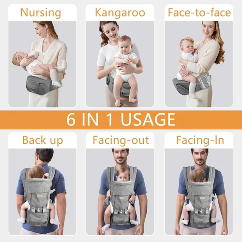 Vista 5 de Portabebés para recién nacidos a niños pequeños con asiento de cadera, suave 6 en 1 ergonómico para todas las posiciones, portabebés de 7-33 libras