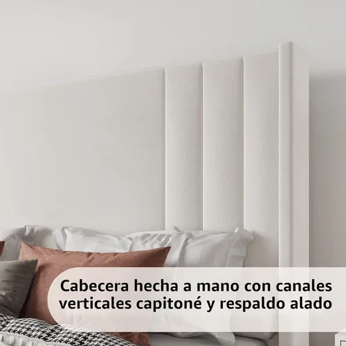 Vista 4 de Albott Base de cama de plataforma tamaño King, cama tapizada con cabecera y pie de cama con respaldo alado capitoné de canales verticales Crema