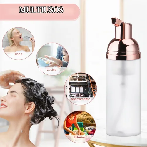 Vista 6 de 5 botellas de espuma esmerilada de plástico transparente de 1.7 fl oz/1.7 oz con cabezal de bomba de oro rosa, mini dispensador de jabón, botellas