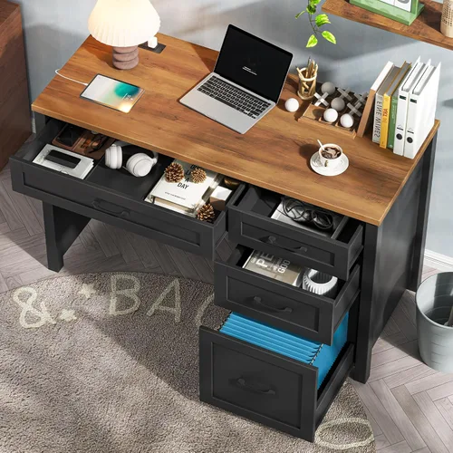 Vista 4 de Vabches Farmhouse - Escritorio ejecutivo de 47 pulgadas con 4 cajones, escritorio para computadora con cajón de archivos y estación de carga, Negro