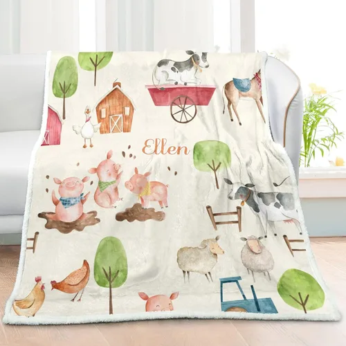 Vista 2 de Divertidas mantas de sherpa personalizadas con animales de granja para niños y niñas, suave manta para siesta de recién nacido, regalo de ducha, 30