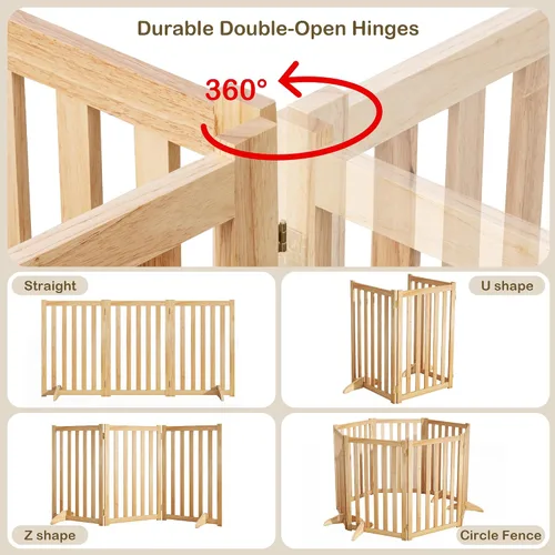 Vista 5 de Puerta independiente para mascotas de 30 pulgadas de altura, valla de seguridad plegable de madera maciza con 2 pies de soporte, ideal para Roble