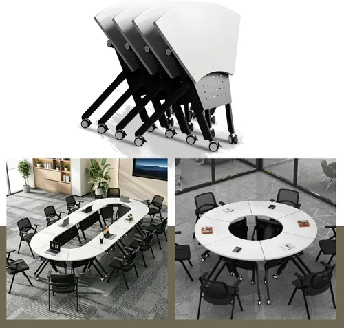 Vista 29 de Mesas de sala de conferencias, mesa de conferencias plegable con ruedas silenciosas, mesa trapezoidal de 47.2 pulgadas, mesa moderna para sala