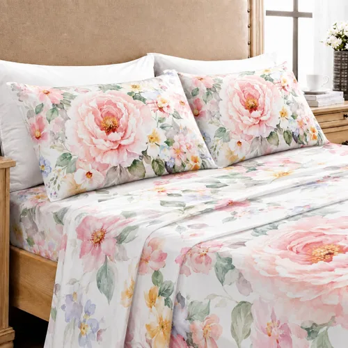 Vista 13 de YIYEA Juego de sábanas individuales, sábanas de hotel de calidad de 1800 hilos de microfibra doble cepillada con flores para cama individual, extra