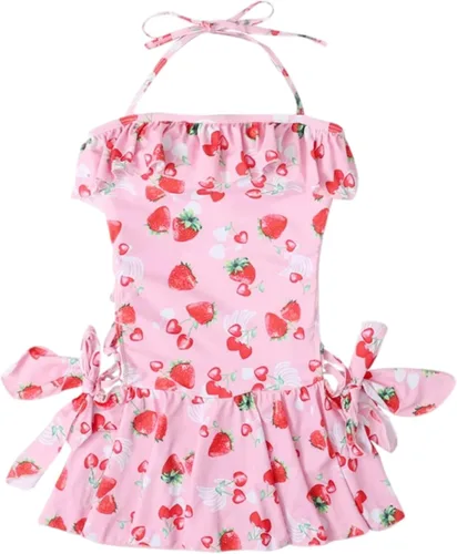Vista 5 de Jilneed Lindo traje de baño de una pieza para adolescentes Kawaii fresa volantes traje de baño halter traje de baño japonés traje de baño