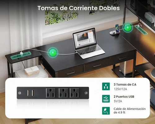 Vista 6 de AODK Escritorio en forma de L de 71 pulgadas con 5 cajones, luz LED y 2
