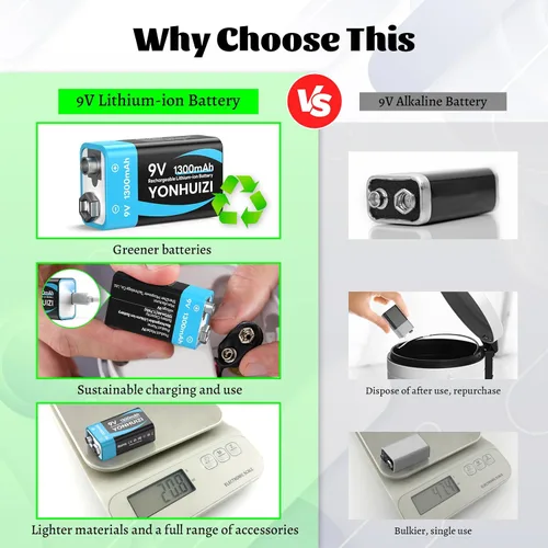 Vista 3 de Paquetes de baterías recargables de 9 V, 1 batería cuadrada de iones de litio de 1300 mAh de 9 voltios+cable de carga USB-C+conector de hebilla de 9