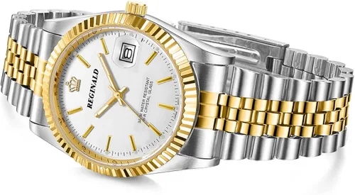 Vista 4 de PASOY Reloj de moda para hombre, tamaño unisex, acero inoxidable, fecha, dorado, bisel, plateado, reloj de pulsera de 1.417in, Moda