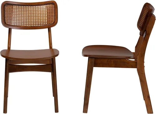 Vista 5 de Baxton Studio Tafari Mid-Century - Juego de sillas de comedor de 2 piezas con acabado marrón nogal y ratán