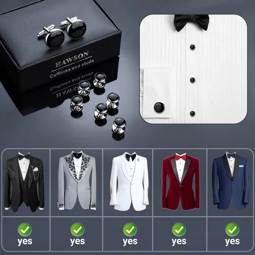 Vista 4 de HAWSON Juego de gemelos y tachuelas de esmoquin para hombre con caja de regalo joyas o accesorios para hombre adecuados para traje negro, camisas