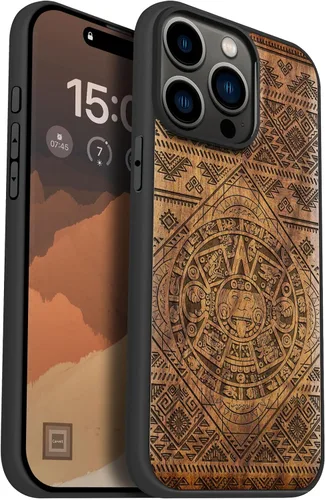 Vista 17 de Carveit Funda de madera para iPhone 15 Pro Max, calendario azteca, cereza