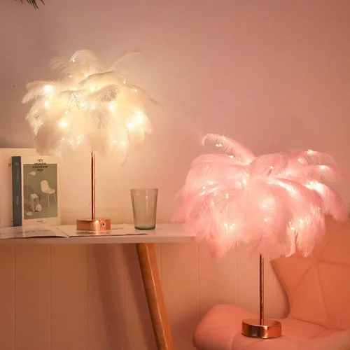 Vista 3 de Lámpara de mesa de árbol de plumas para dormitorios, lámpara de noche LED con interruptor táctil, lámpara de oro rosa, carga USB para guardería