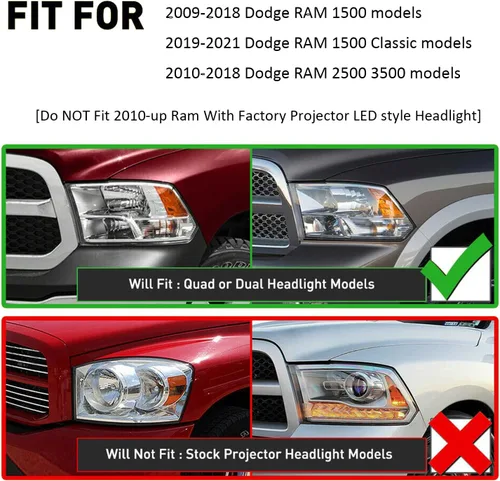 Vista 2 de Ensemble de phares compatible avec 2009 2010 2011 2012 2013 2014 2015 2016 2017 2018 Ram 1500, 2019 Ram 1500 Classic, 2010-2018 Ram 2500 3500 phares