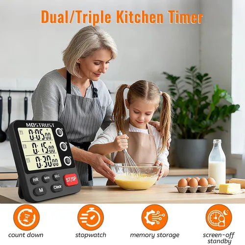 Vista 2 de Temporizador digital de cocina doble, temporizador de cuenta regresiva triple de 3 canales para cocinar, pantalla grande preestablecida de memoria