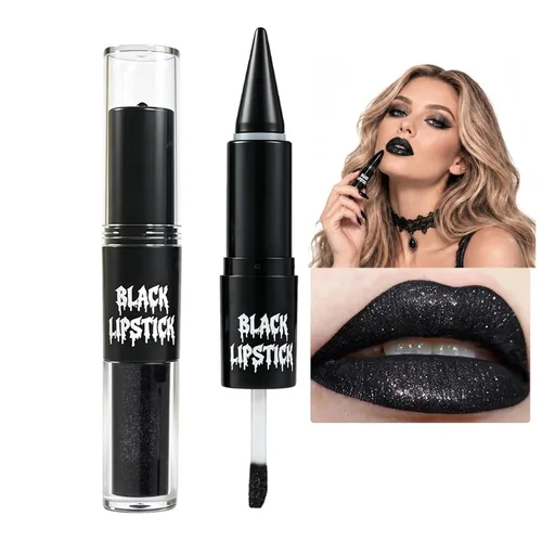 Vista 10 de Lápiz labial negro 2 en 1 para maquillaje de Halloween, brillo de labios 01#