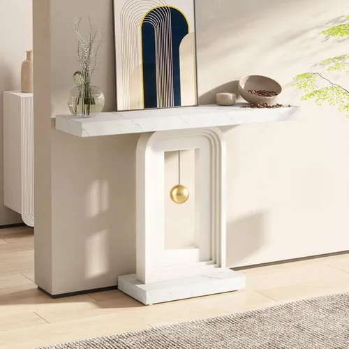 Vista 4 de Tribesigns Mesa consola moderna, mesa de sofá de mármol sintético de 40 pulgadas, mesa de entrada contemporánea con base en forma de péndulo