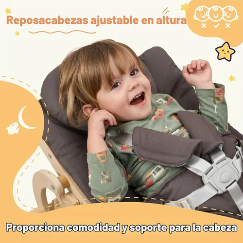 Vista 4 de Mecedora para bebé, ajustable para bebé, silla mecedora de madera 3 en 1 con arnés de 5 puntos, asiento para bebés y niños pequeños, color gris Beige