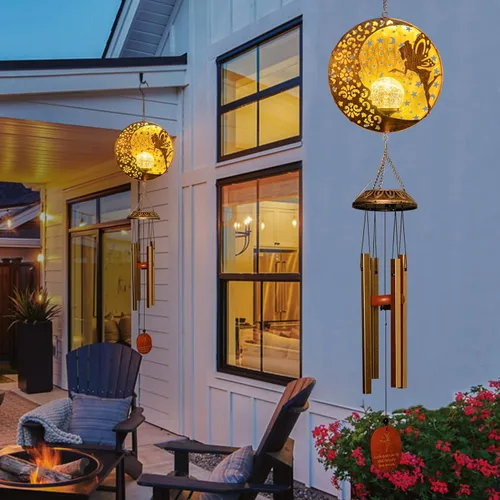 Vista 6 de Tryme Campanillas de viento solares para exteriores con luces colgantes de hadas y 4 tubos de aluminio, decoraciones de luna para el patio, porche