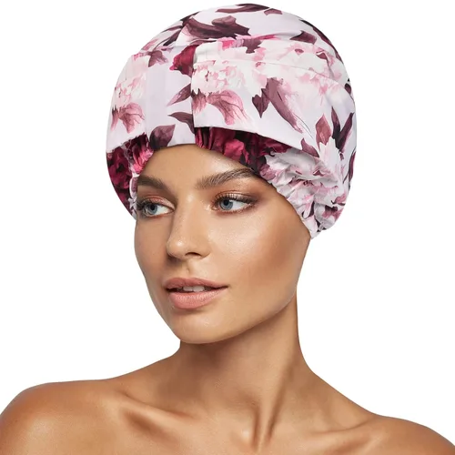 Vista 13 de Gorro de ducha de lujo para mujeres, reutilizable, impermeable, gorro de ducha de doble capa con correa elástica ajustable, gorro de baño grande