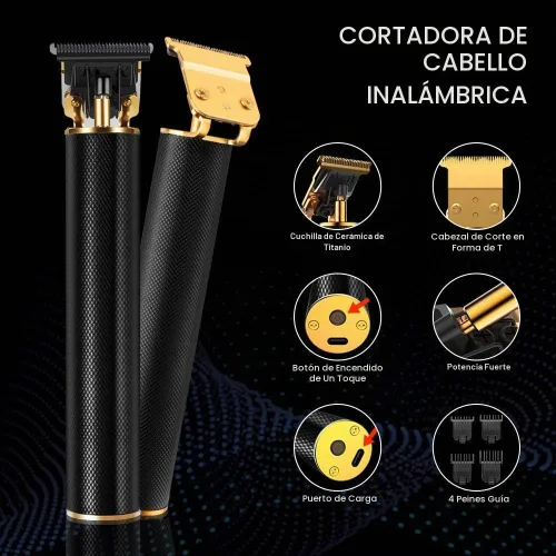 Vista 6 de Kit de recortador de pelo unisex, inalámbrico, recargable, impermeable, con peines guía para hombres Negro
