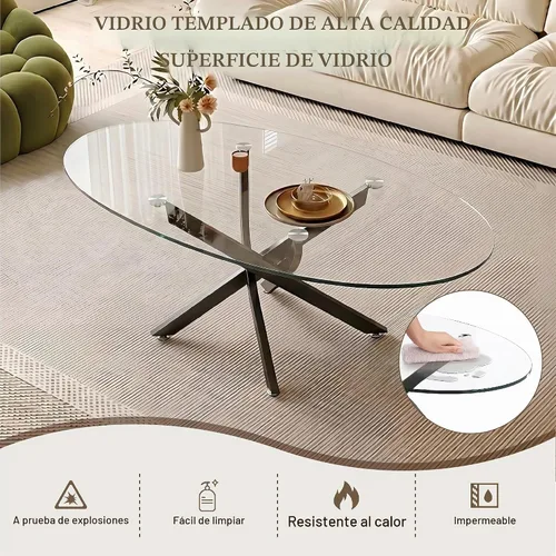 Vista 5 de Henf Oval Glass Coffee Table, 39.4'' Transparent Top, Black Metal Legs