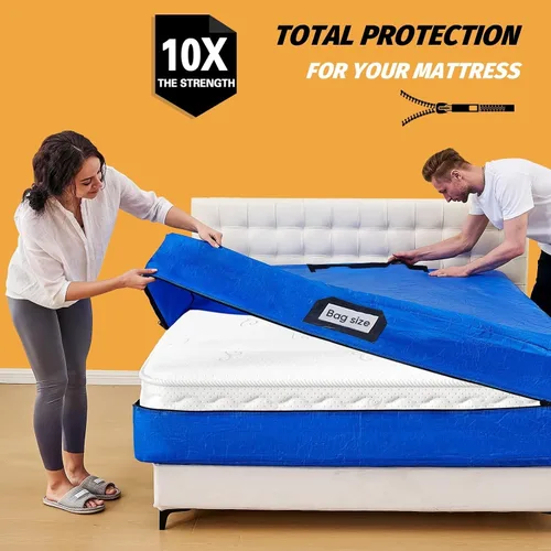 Vista 2 de Bolsas para Colchones para Mudanza, BETU Protector de Colchón Impermeable Funda de Colchón Tamaño Full Bolsas de Almacenamiento con 8 Asas Azul