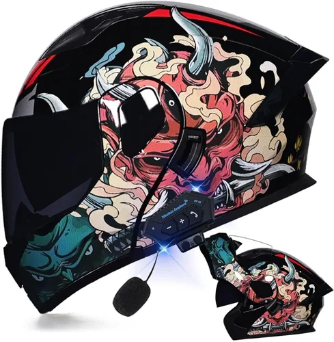 Vista 44 de Casco modular Bluetooth para motocicleta, aprobado por DOT, de cara completa, abatible, antivaho, doble visera, casco de motocicleta de calle, LENTE