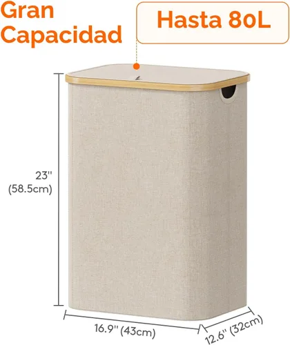 Vista 4 de Lifewit Cesta de lavandería de 80 litros con tapa, cestas de ropa para lavandería con asas de bambú y una bolsa de lavandería extraíble, cesta