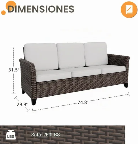 Vista 2 de COOS BAY Harbor Retreat - Sofá para exteriores, sofá de ratán de 3 plazas con cojines, muebles de patio pequeños para balcón o terraza, marrón/beige
