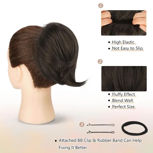 Vista 7 de BARSDAR Extensión de moño de cabello liso marrón oscuro + flequillo de clip de cabello humano