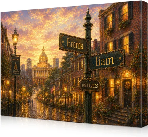 Vista 66 de IPIC - Personalized Framed Canvas with Custom Street Sign in Boston Personalized Street Signs with Names, Custom Canvas Print, Boston Sunset