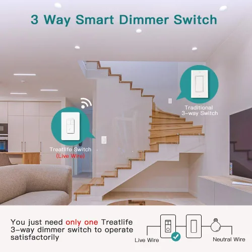 Vista 4 de TREATLIFE Interruptor inteligente regulable de 3 vías, interruptor inteligente compatible con Alexa y Asistente de Google, interruptor de luz WiFi
