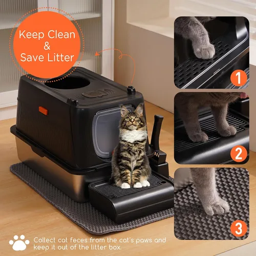 Vista 6 de Citylife - Caja de arena para gatos de acero inoxidable con tapa, entrada frontal y superior, caja de arena de metal extra grande con pala