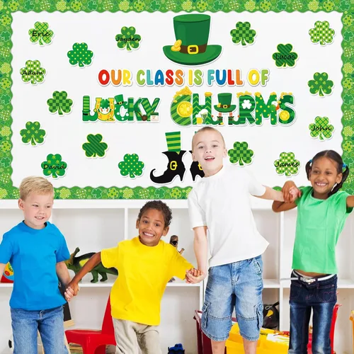 Vista 4 de gisgfim Juego de decoración de tablón de anuncios del día de San Patricio, recortes de bordes de trébol de la suerte para fiestas, escuela, aula