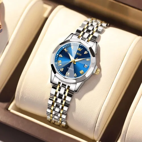 Vista 6 de OLEVS Reloj de pulsera de acero inoxidable con diamantes dorados y elegantes