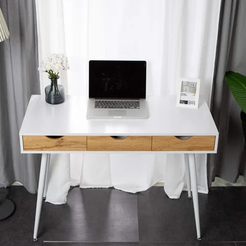 Vista 3 de Need Escritorio blanco con escritorio de almacenamiento, mesa de tocador, escritorio de computadora moderno con 3 cajones, mesa de tocador