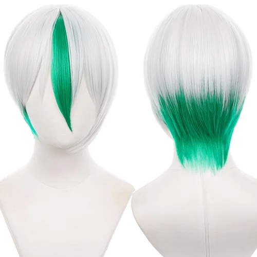 Vista 10 de Pelucas de anime verde oscuro para hombre, peluca corta y recta con flequillo para mujer, peluca COS para Halloween, Navidad, cómic, transmisión