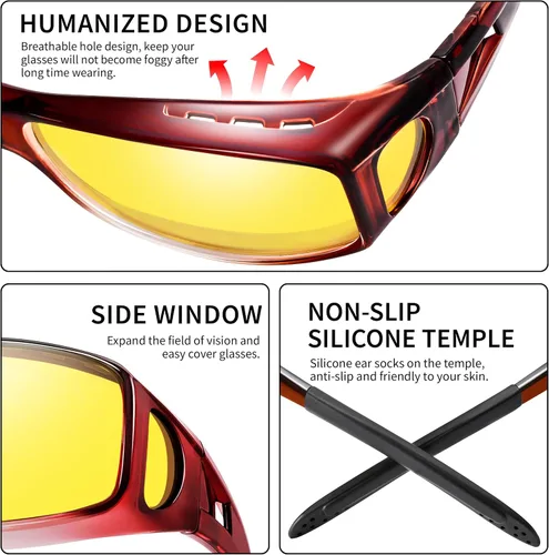 Vista 5 de Night Vision Driving Glasses for Men & Women - Polarized Anti Glare Fit Overs with Wrap-Around HD Yellow Lens